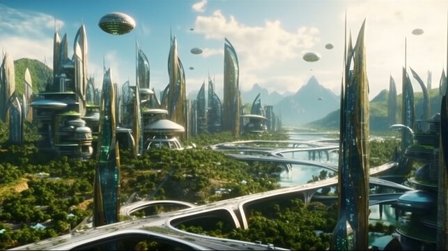 Futuristic Human Modern City on Erath in 2089, Advanced Technology and great nature, humanity in the future - Generative AI