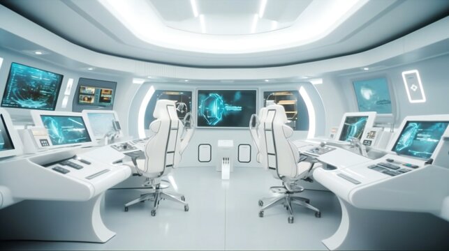 Futuristic Command Center Interior, Advanced Digital Displays, Sleek White Design, Ergonomic Seating, Centralized Control Hub, Ambient Blue Lighting, Space Station Ambiance - Generative AI