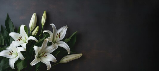 Condolence card for funeral, grieving, loss, support. Lilies on a neutral background for sending words of support and comfort. Generative AI. - obrazy, fototapety, plakaty