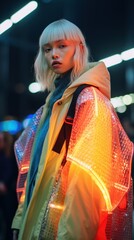 Fierce Tokyo Fashionista Strutting on Runway Under Shamrock Green Lights. Generative AI.