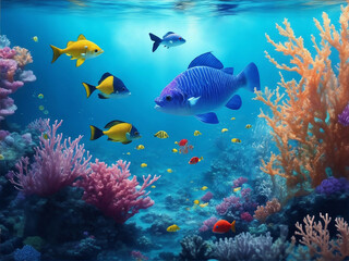 Naklejka na ściany i meble Under the sea underwater world, Generative AI Illustration.