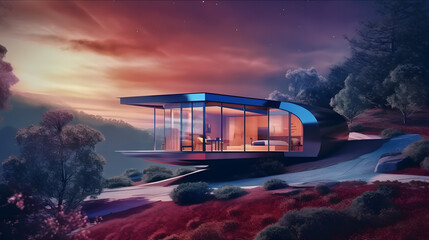 modern house on a hilltop at night Generative AI