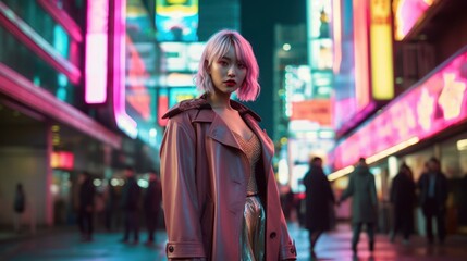 Fierce Tokyo Fashionista Strutting on Runway Under Shamrock Green Lights. Generative AI.