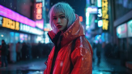 Fierce Tokyo Fashionista Strutting on Runway Under Shamrock Green Lights. Generative AI.