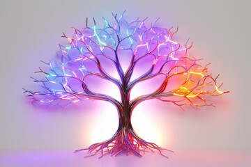 Radiant Neon Tree: Vibrant Illumination on a White Canvas"