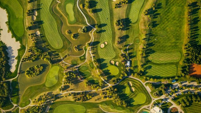 Aerial shot of the fields of Golf course in Oberwaltersdorf, Austria