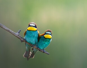 Closeup shot of European bee eaters mating on a perch with a blurred background