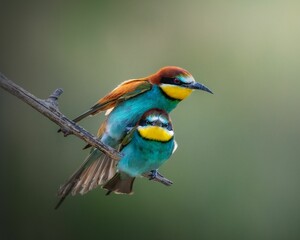 Closeup shot of European bee eaters mating on a perch with a blurred background