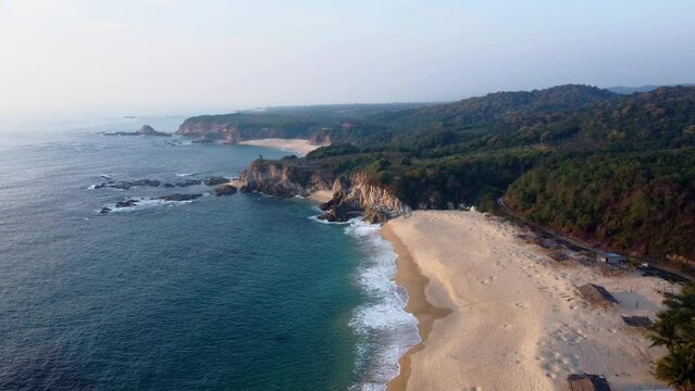 Aerial shot of the beach of Palma Sola in Michoacan, Mexico