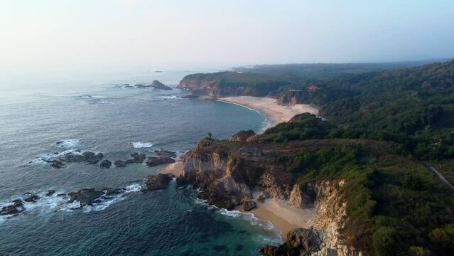 Aerial shot of the beach of Palma Sola in Michoacan, Mexico