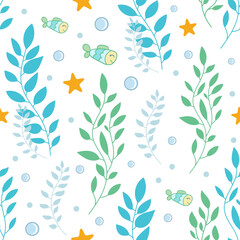 Seamless pattern with sea plants, fish, starfish, bubbles. Summer and sea theme. For fabric design, wallpapers, backgrounds, wrapping paper, scrapbooking, etc. Vector