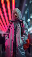 Fierce Tokyo Fashionista Strutting on Runway Under Shamrock Green Lights. Generative AI.