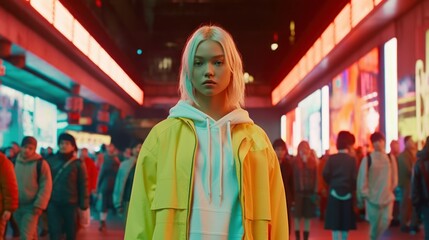 Fototapeta premium Fierce Tokyo Fashionista Strutting on Runway Under Shamrock Green Lights. Generative AI.