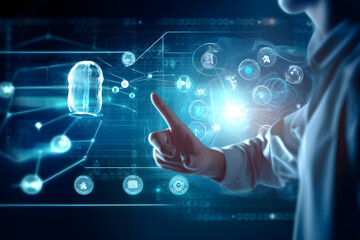 Fototapeta premium Physicians access theedical global network and calculate electronic medical records. DNA. Through virtual interfaces, medical technology and innovative digital healthcare and networking.. 