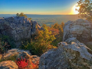 Scenic shot of Hawksbill Crag(Whitaker Point) in Newton County, Arkansas at pinky sunset