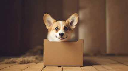 A funny moment captured as a corgi tries to fit into a small box, only to realize that it's too big for its adorable round shape Generative AI