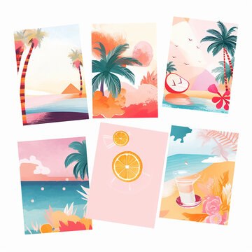 Collage. Set of summer postcards with palm tree, sun, sea. Flat illustration.   Generative ai