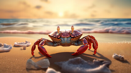 Obraz na płótnie Canvas Curious crab on the sandy beach in nostalgic card style. Retro vacation postcard with crab on the coast. Generated AI.