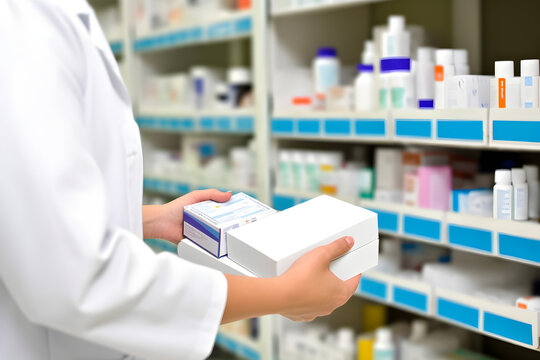 Pharmacist holding boxes of medicines in pharmacy 