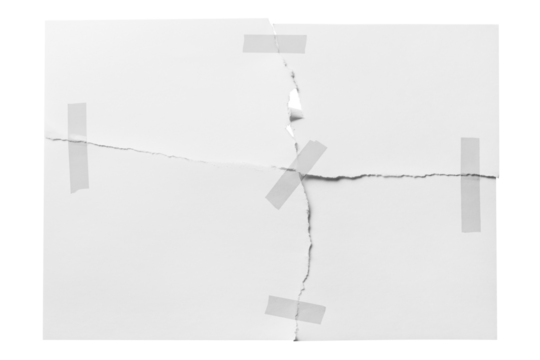 Torn sheet of paper glued with adhesive tape, cut out