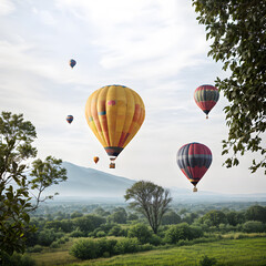 Obraz premium Swarm huge air balloon flying over beautiful green nature landscape