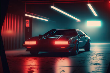 80s styled abstract retro car. Vintage automotive design in neon lights. Generated AI.