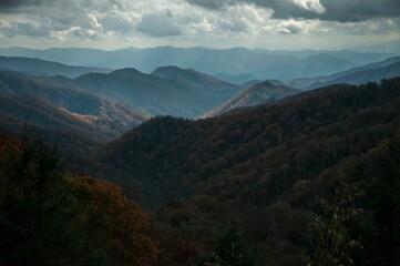 Aerial shot of trees and mountain tops of the Great Smoky Mountain in Tennessee