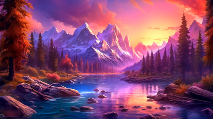 beautiful fairytale landscape at sunset, mountains, rivers and forests, made with Generative AI