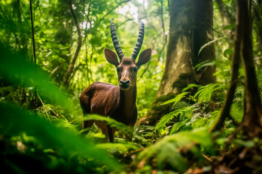 A saola Pseudoryx nghetinhensis in a green and fair