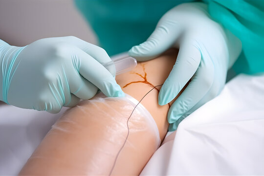 Nurse's gloved hand examines the knee joint with medical sutures after arthroscopy 