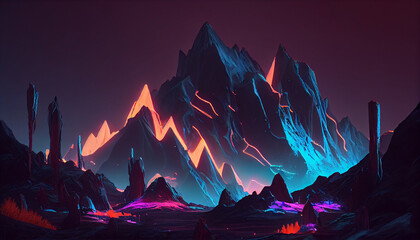 Fototapeta na wymiar Abstract vintage cyberpunk neon mountain landscape Ai generated image