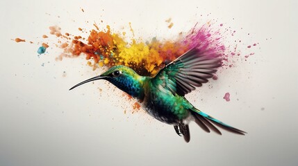 An hummingbird soaring above a vibrant explosion of colorful powder. Generative AI