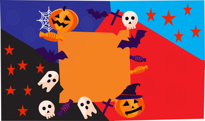 Digital render of a bright Halloween background with jack-o-lanterns and ghosts