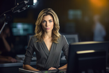 Fototapeta premium Young confident female in smart dress - female TV news anchor posing at studio, video equipment near. Generative AI