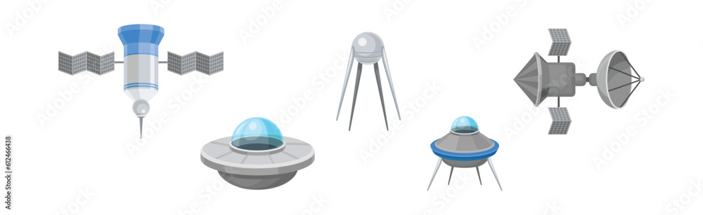 Poster space discovery object with shuttle and satellite for universe exploration vector set