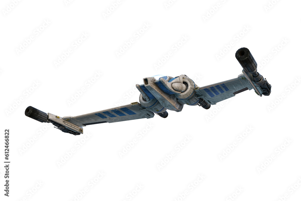 Poster fantasy science fiction space ship flying overhead. isolated 3d rendering.