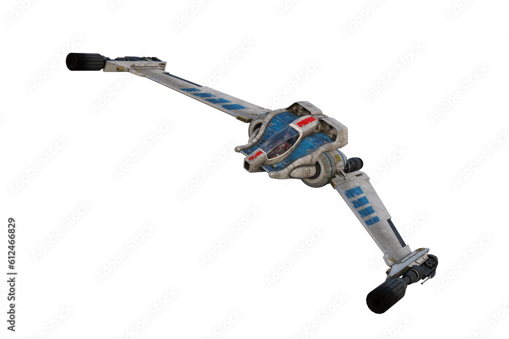 Poster futuristic sci-fi fighter space ship in flight with large guns on each wing. isolated 3d illustratio