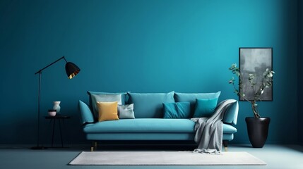 modern living room a blank wall of blue colour with a right side a half sofa and a painting on top of a wall a celling lamp