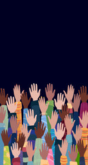 Hands raised up, different people from different ethnic groups. Vector illustration. The concept of diversity. Raised hands of different skin colors
