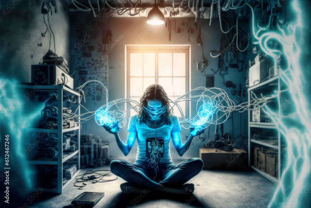 Poster digital era woman meditating in neon wires, with consciousness connected to the world via technologi
