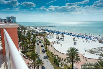 High-angle shot of the crowded Clearwater beach in Florida