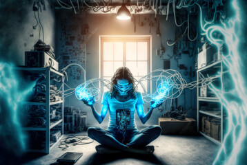 Digital era woman meditating in neon wires, with consciousness connected to the world via technological structure. Generated AI.