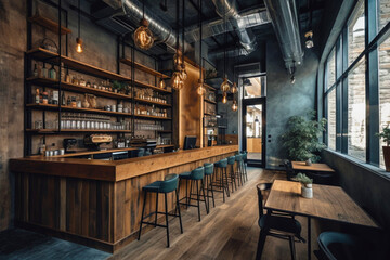 Fototapeta premium The industrial interior is a loft-style bar with modern wooden furniture, large light windows and evergreen plants. Generative AI.