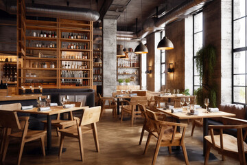 The industrial interior is a loft-style bar with modern wooden furniture, large light windows and evergreen plants. Generative AI.