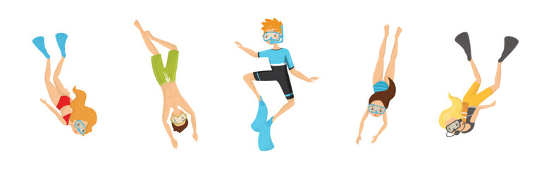 Diving Man and Woman with Breathing Equipment and Flippers Diving Underwater Vector Set