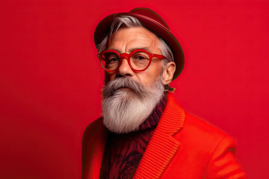 Studio shot of handsome senior man hipster dressed in stylish coat and sunglasses. Isolated on red background Generative AI