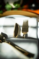 Closeup of utensils and napkins on a table