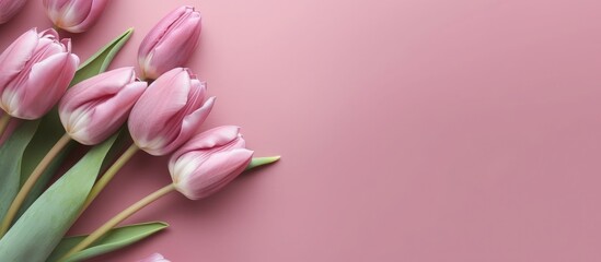 Spring tulip flowers on pink background top view in flat lay style. Greeting for Womens or Mothers Day or Spring Sale Banner

