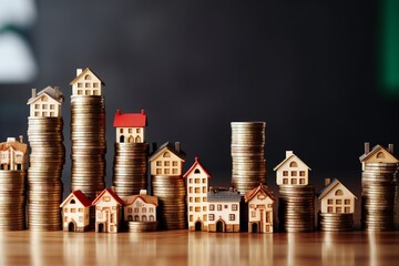 many houses with a lot of coin stack, idea for property investment, income , tax, and passive income, Generative Ai