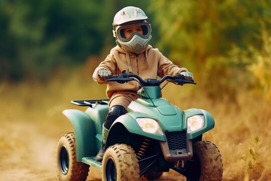 The little girl rides a quad bike. A mini quad bike is a cool girl in a helmet and protective clothing. Electric quad bike electric car for children popularizes green technology Generative AI